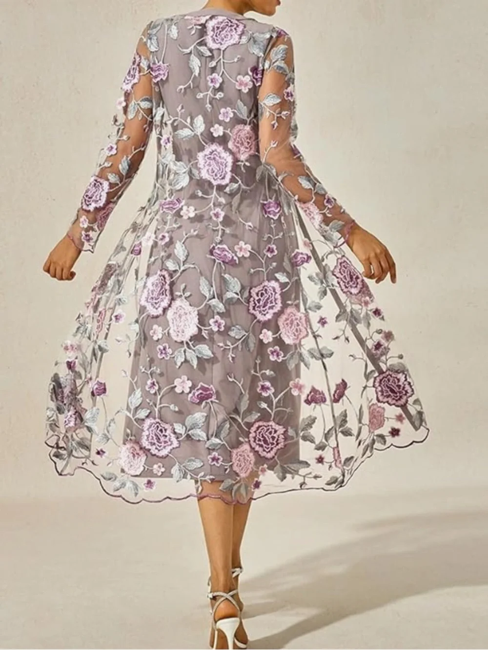 Embroidered Midi Dress And Jacket Sz Large wedding guest tea party gray pink